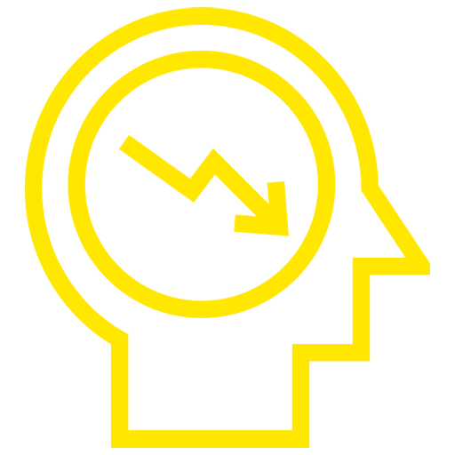 Ein Symbol eines Kopfes mit einem Pfeil, der nach unten zeigt. Dies steht für die Reduktion von Angst und Stress.