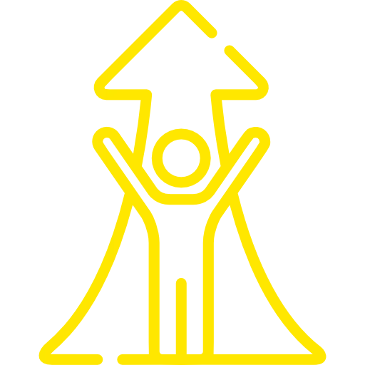 Ein stilisiertes Symbol einer Person mit erhobenen Armen, über deren Kopf ein nach oben gerichteter Pfeil steht. Dies symbolisiert Erfolg und Aufwärtsbewegung.